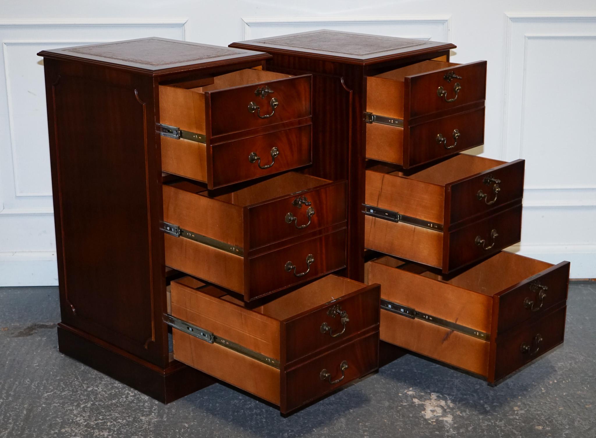 British PAIR OF FILLING CABINETS BURGUNDY LEATHER GOLD EMBOSSED TOP 3 SPACiOUS DRAWERS For Sale
