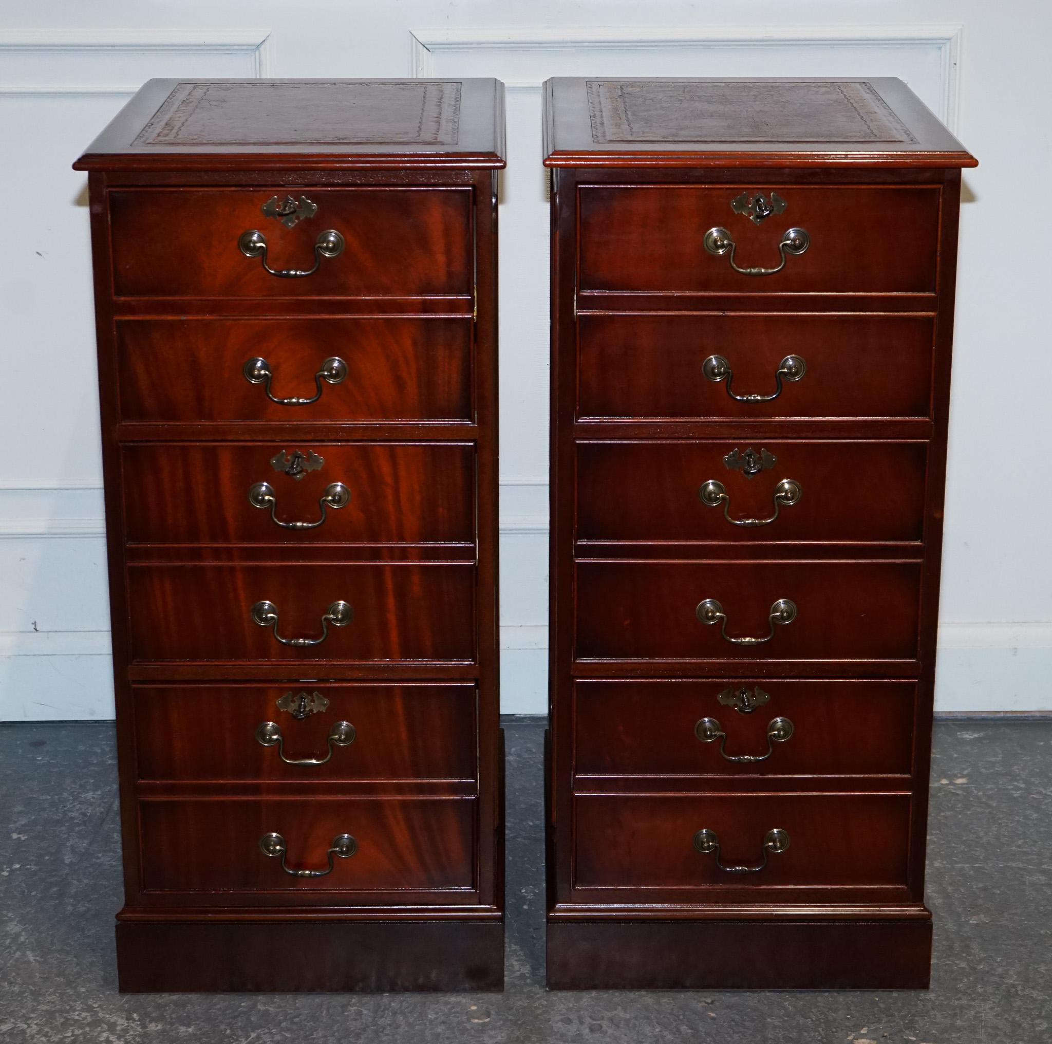 Hand-Crafted PAIR OF FILLING CABINETS BURGUNDY LEATHER GOLD EMBOSSED TOP 3 SPACiOUS DRAWERS For Sale