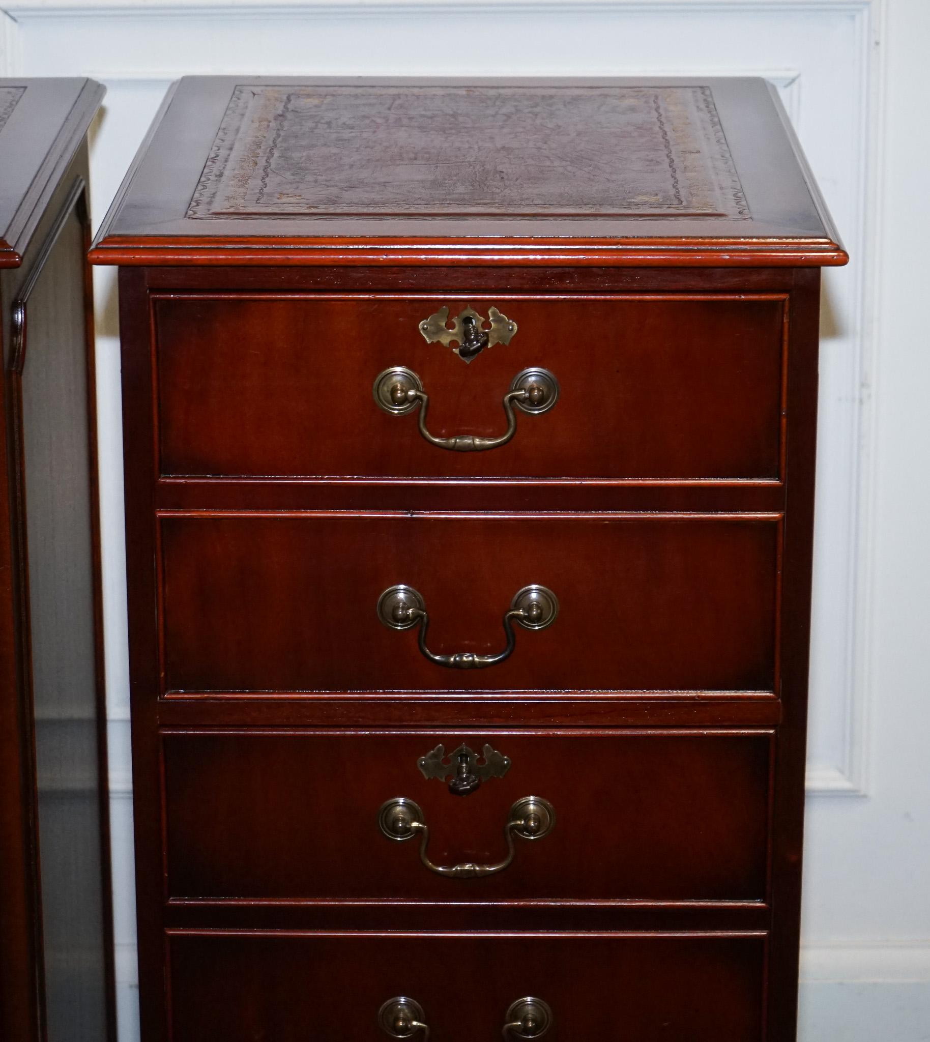 Hardwood PAIR OF FILLING CABINETS BURGUNDY LEATHER GOLD EMBOSSED TOP 3 SPACiOUS DRAWERS For Sale