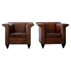 Vintage Pair of Fin Armed Sheepskin Leather Chairs by Bart Van Bekhoven