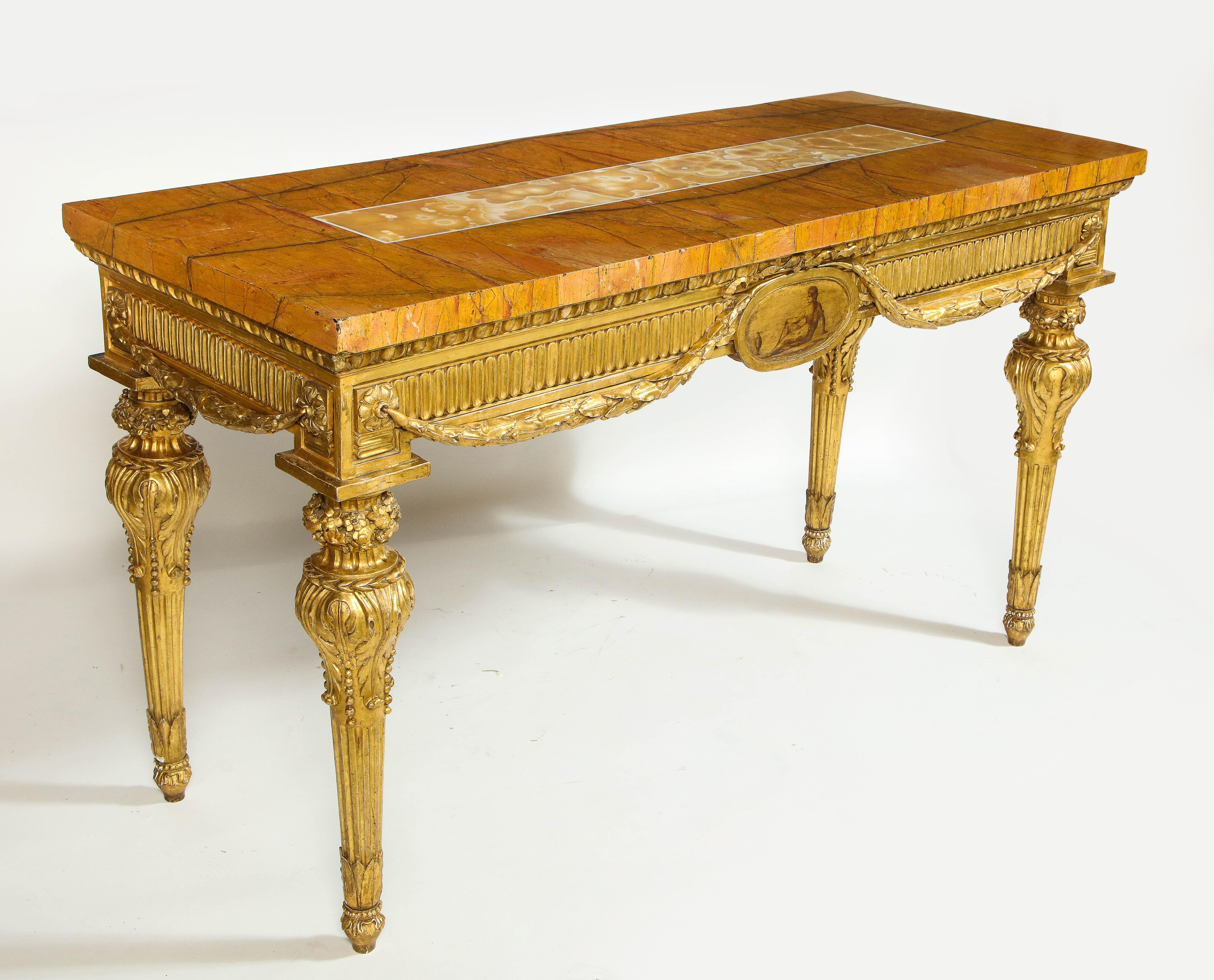 Neoclassical Pair of Fine North Italian Giltwood Side Tables/Consoles with Marble Tops For Sale