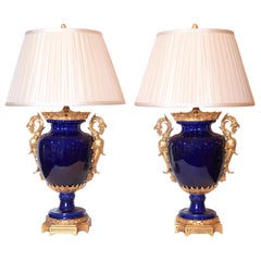 Pair of Fine 19th Century French Sevres Style Porcelain Lamps, Gilt Bronze Trim