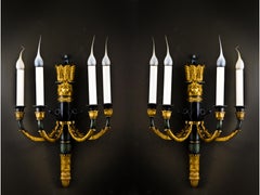 Pair of Fine Antique French Empire Gilt and Patinated Bronze Four-Light Sconces