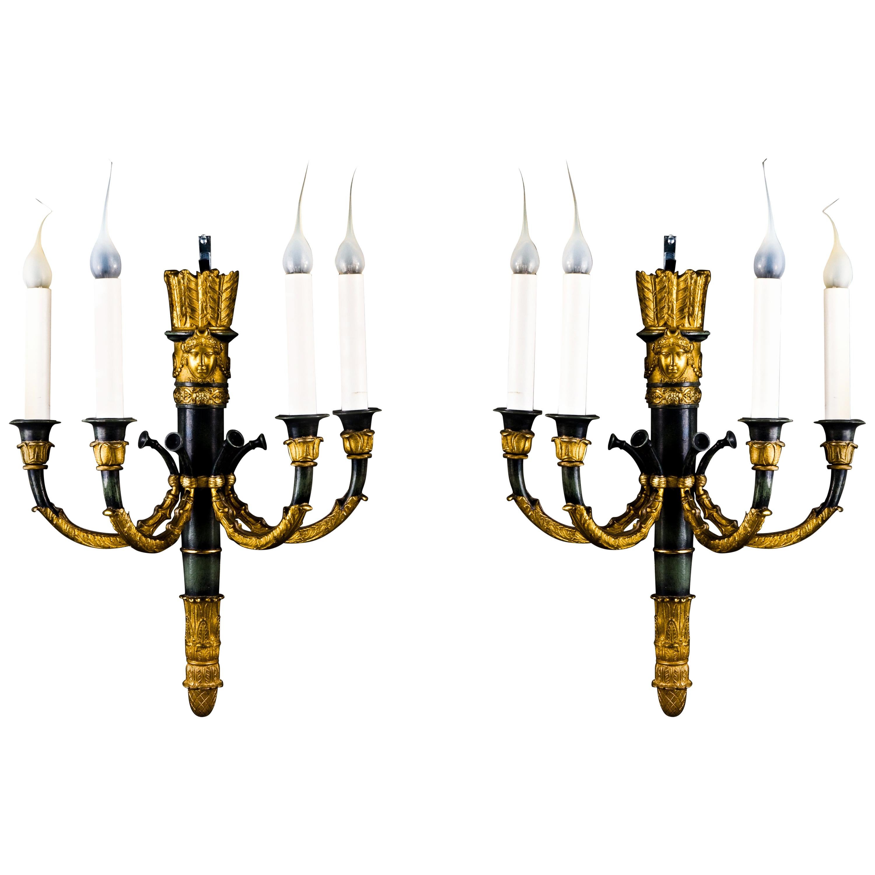 Pair of Fine Antique French Empire Gilt and Patinated Bronze Four-Light Sconces For Sale
