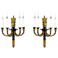 Pair of Fine Antique French Empire Gilt and Patinated Bronze Four-Light Sconces