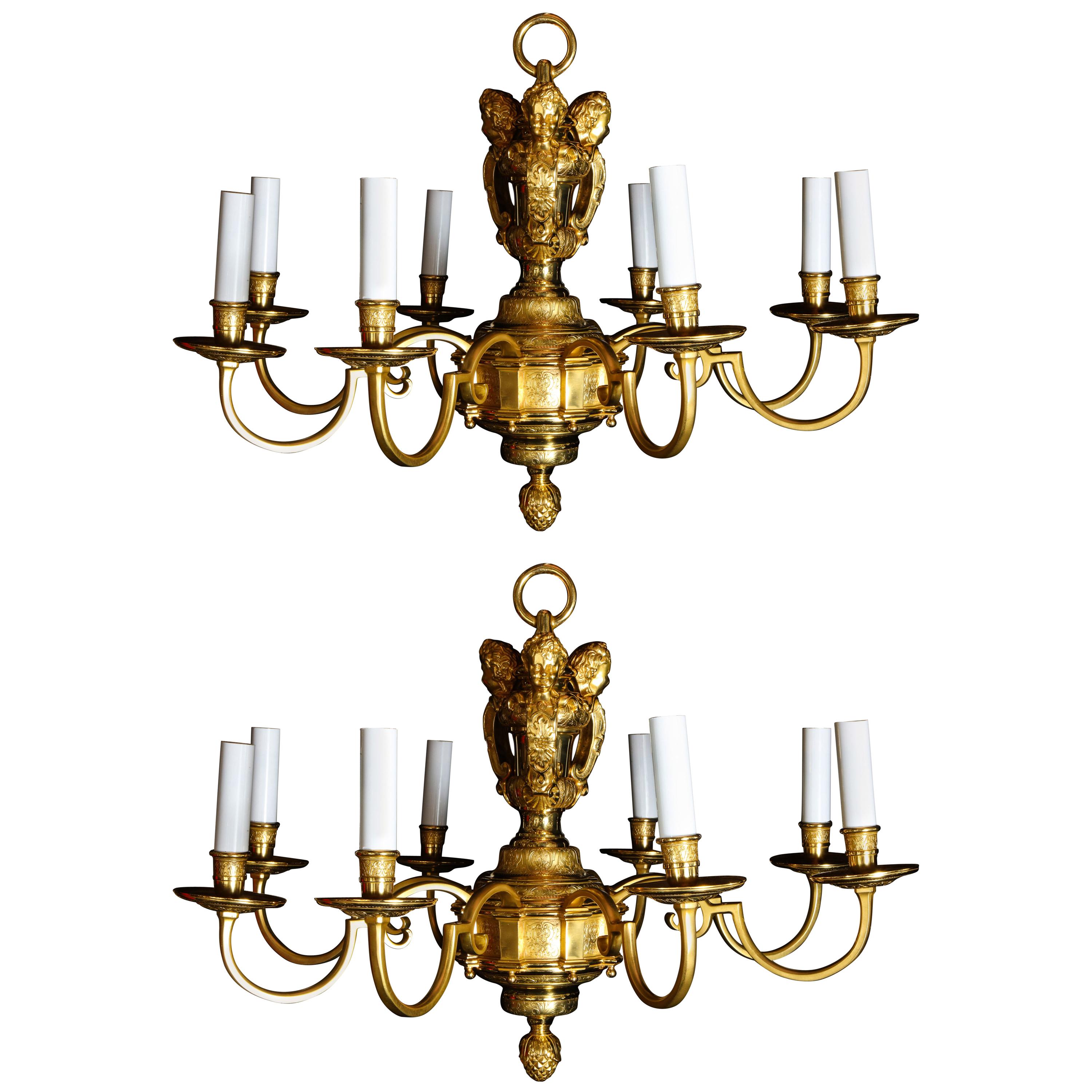Pair of Fine Antique French Louis XVI Style Gilt Bronze Figural Chandeliers