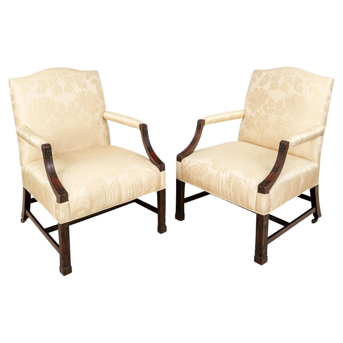 Pair of Fine Antique Georgian Style Armchairs with Carved Panel Detailing For Sale