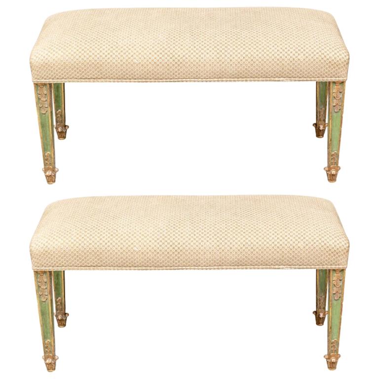 Pair of Fine Antique Paint Decorated and Gilt Benches