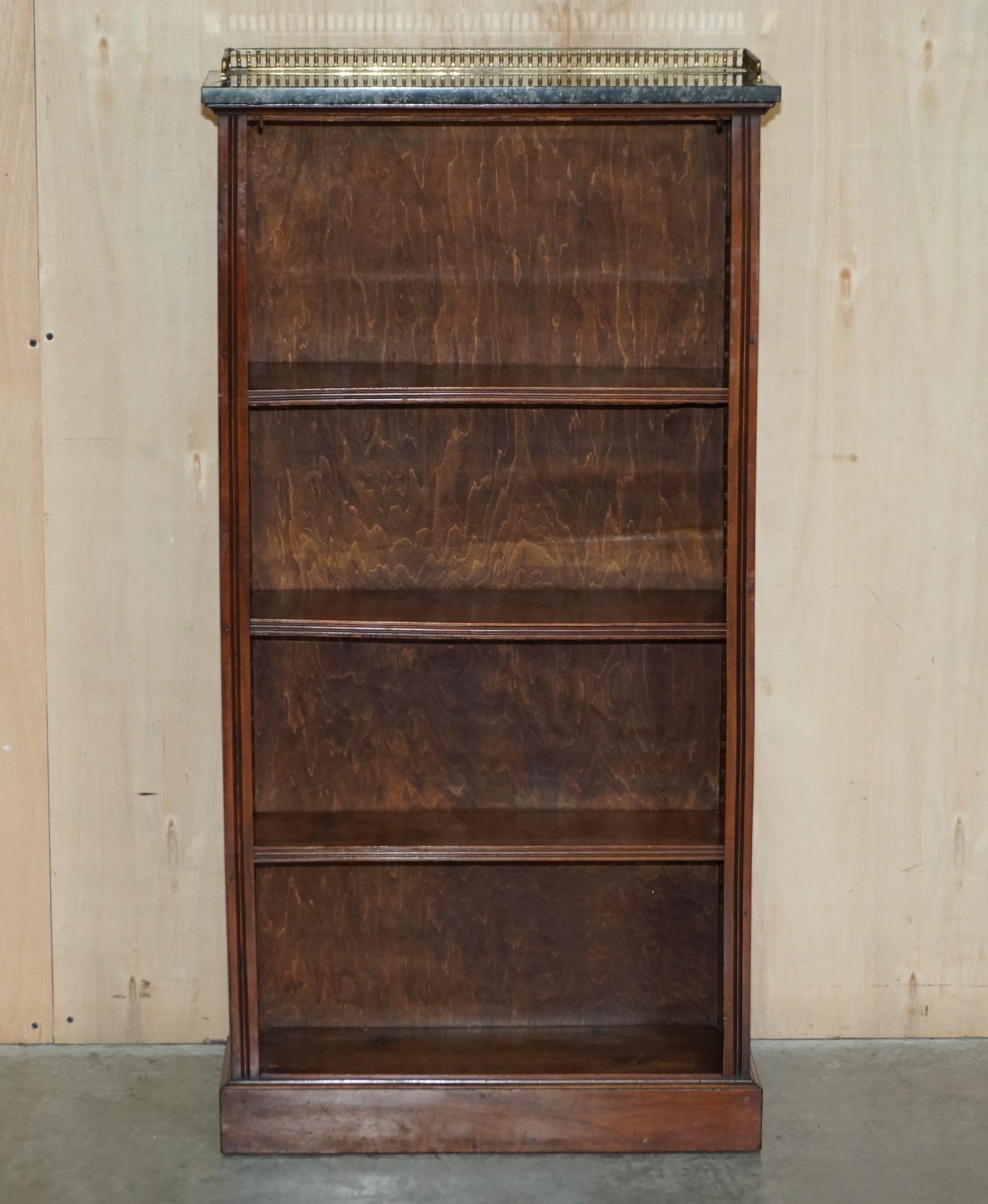 English Pair of Fine Antique Regency Hardwood Brass Gallery & Marble Dwarf Bookcases For Sale