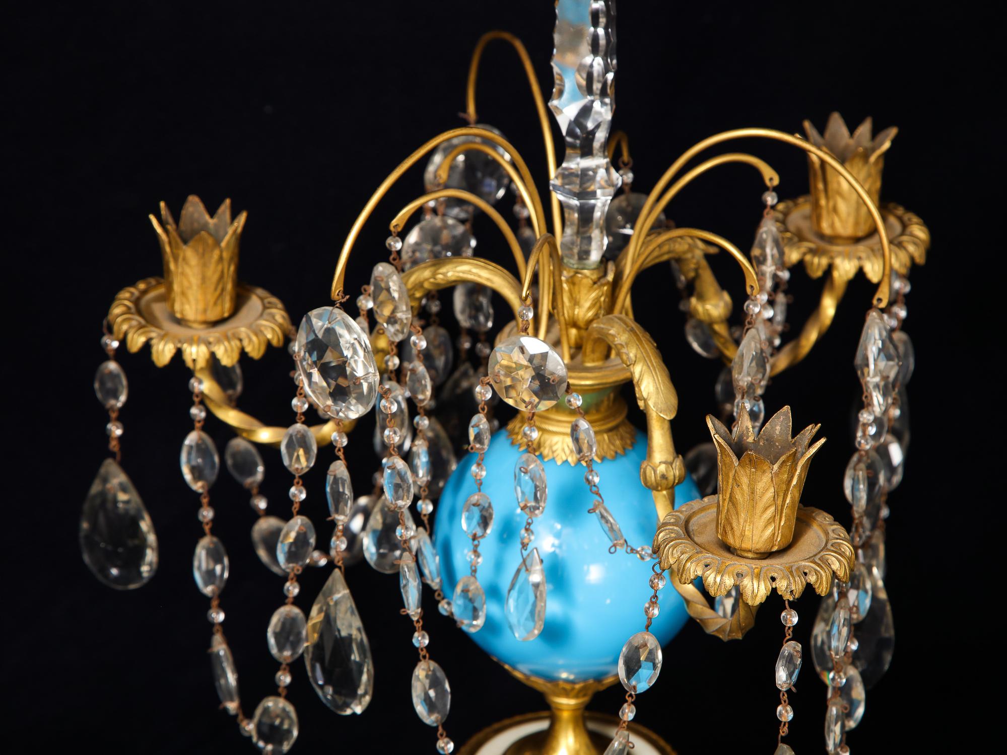19th Century Pair of Fine Antique Russian Neoclassical Bronze, Opaline and Crystal Candelabra