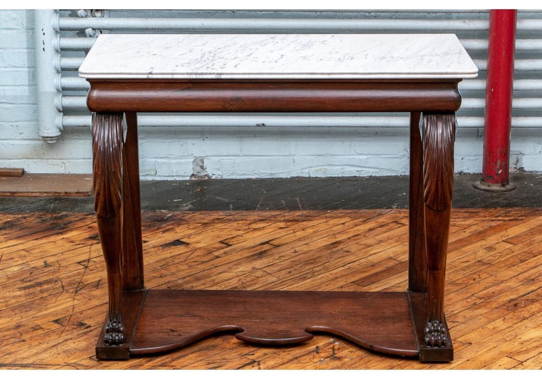 Fine Antique Transitional Empire Carved Mahogany Marble-Top Console Table, Pair In Distressed Condition In Bridgeport, CT