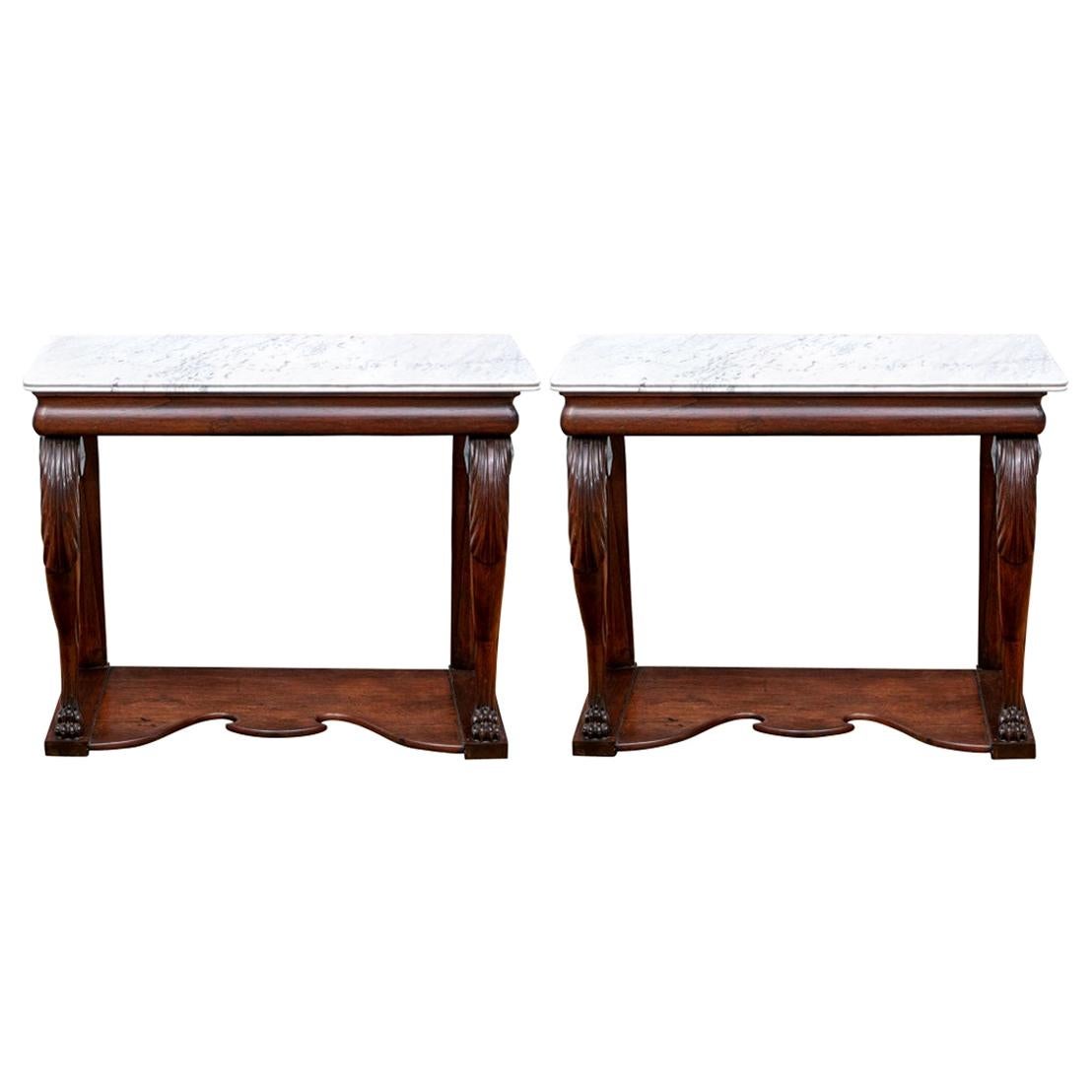 Fine Antique Transitional Empire Carved Mahogany Marble-Top Console Table, Pair
