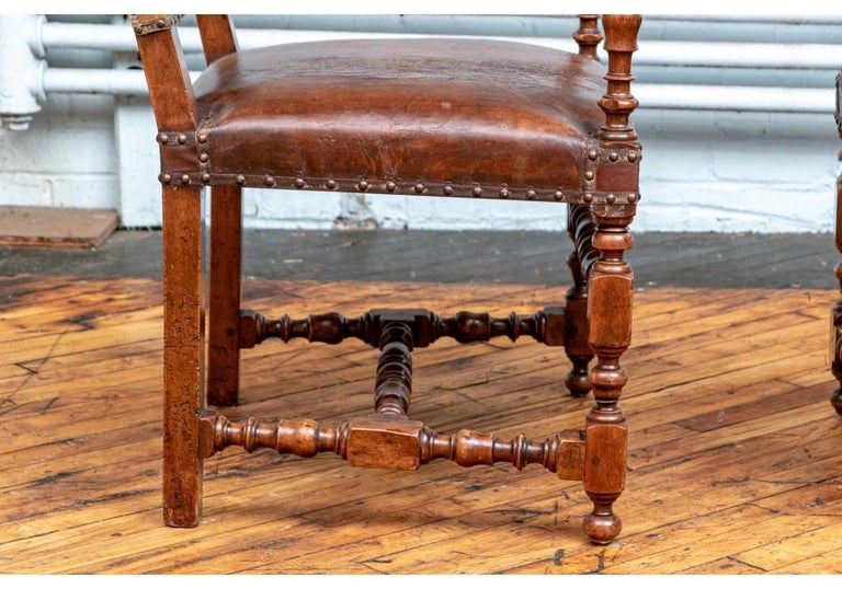 Pair of Fine Antique Walnut and Leather Fireside Chairs For Sale at