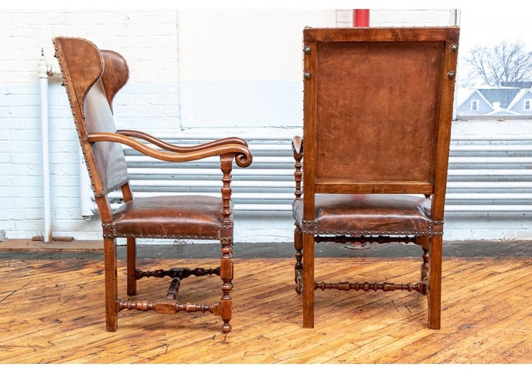 Pair of Fine Antique Walnut and Leather Fireside Chairs For Sale at