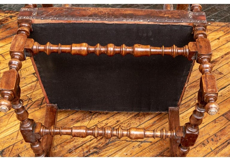 Pair of Fine Antique Walnut and Leather Fireside Chairs For Sale at