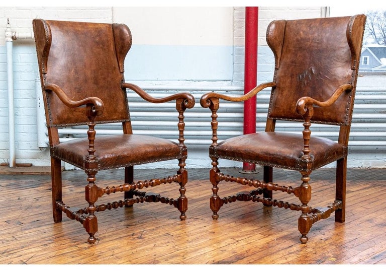 Pair of Fine Antique Walnut and Leather Fireside Chairs For Sale at