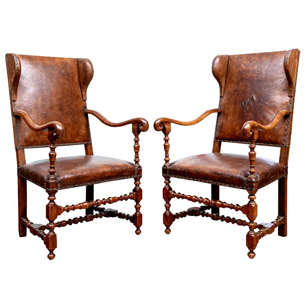 Pair of Fine Antique Walnut and Leather Fireside Chairs
