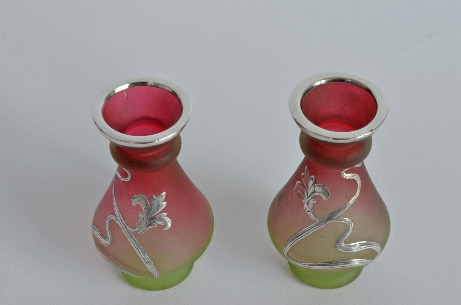 Czech Pair of Fine Art Nouveau Silver Overlay Miniature Glass Vases Bohemia, 1900s For Sale