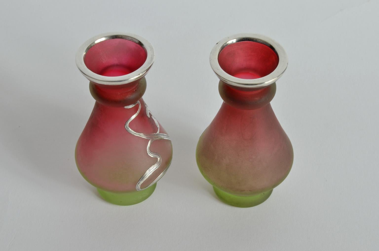 Pair of Fine Art Nouveau Silver Overlay Miniature Glass Vases Bohemia, 1900s In Good Condition For Sale In Nürnberg, Bavaria