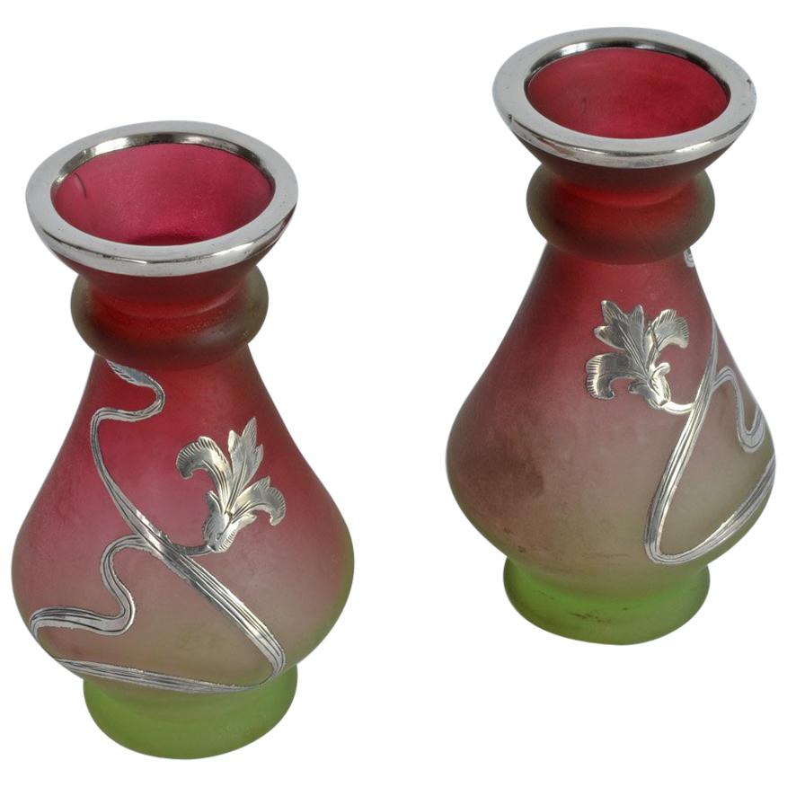 Pair of Fine Art Nouveau Silver Overlay Miniature Glass Vases Bohemia, 1900s For Sale