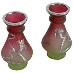 Pair of Fine Art Nouveau Silver Overlay Miniature Glass Vases Bohemia, 1900s
