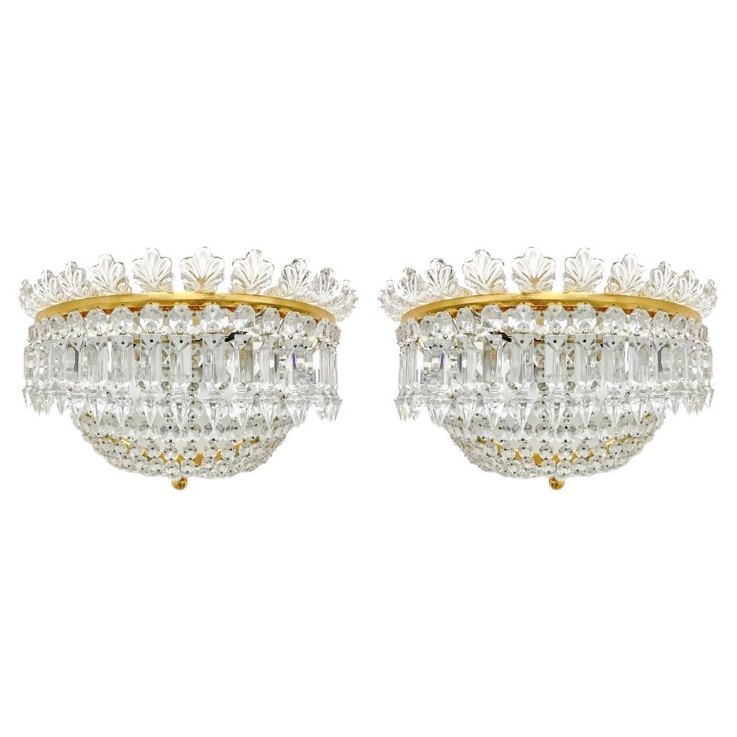 Pair Of Fine Baccarat Gilt Bronze And Crystal Demilune Sconces For Sale