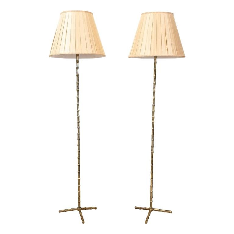 Pair of Fine Bagues Style Brass Faux Bamboo Floor Lamps