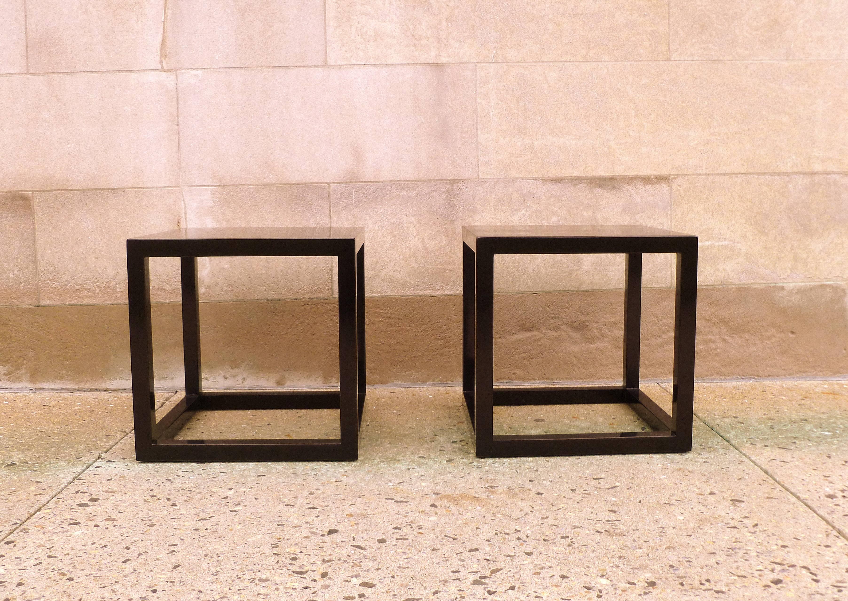 Fine black lacquer end tables. Simple and elegant form. Beautiful color and form. We carry fine quality furniture with elegant finished and has been appeared many times in 