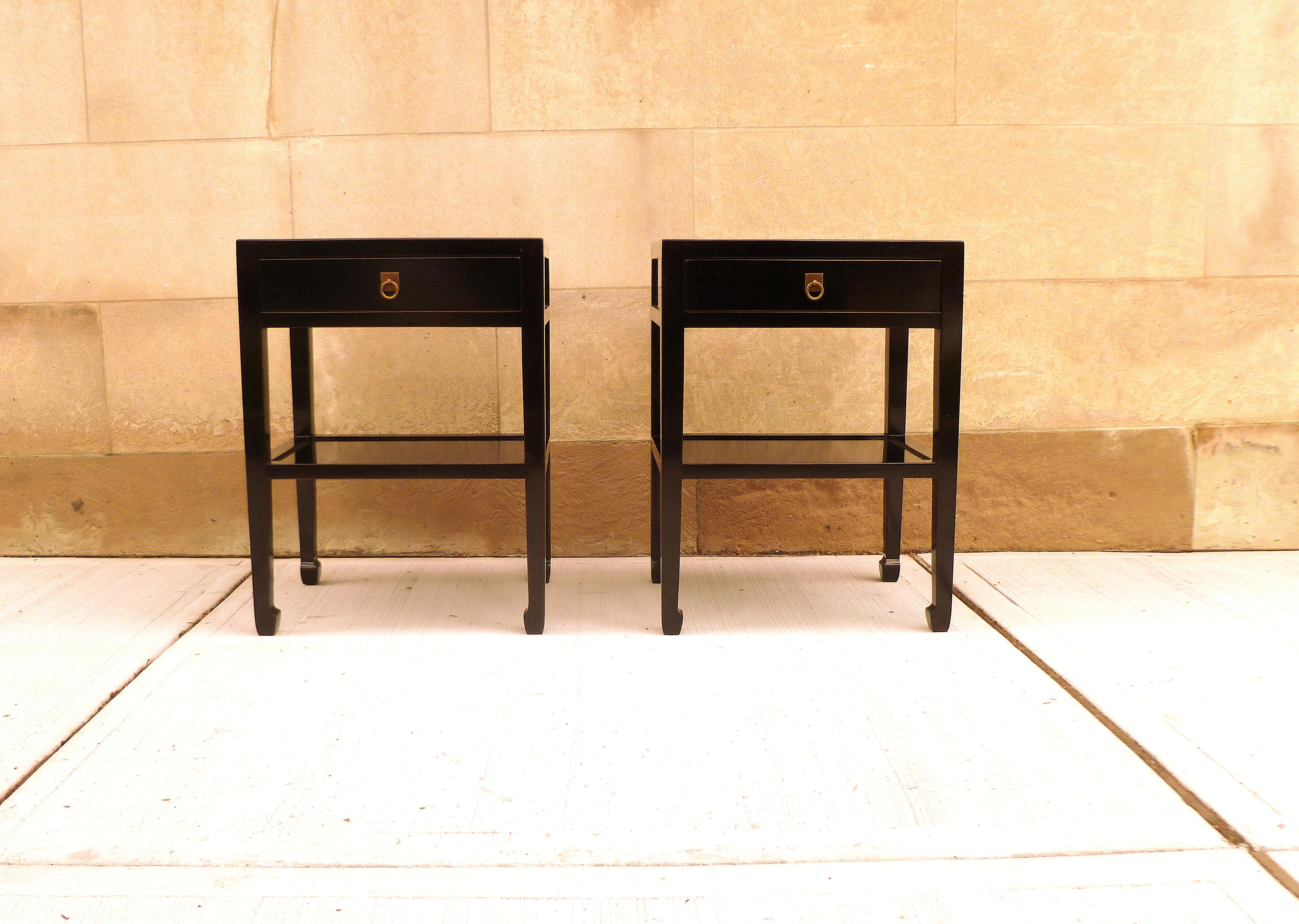Pair of fine black lacquer end tables, with drawers and shelf. Very elegant and fine quality and beautiful color. We carry fine quality furniture with elegant finished and has been appeared many times in 