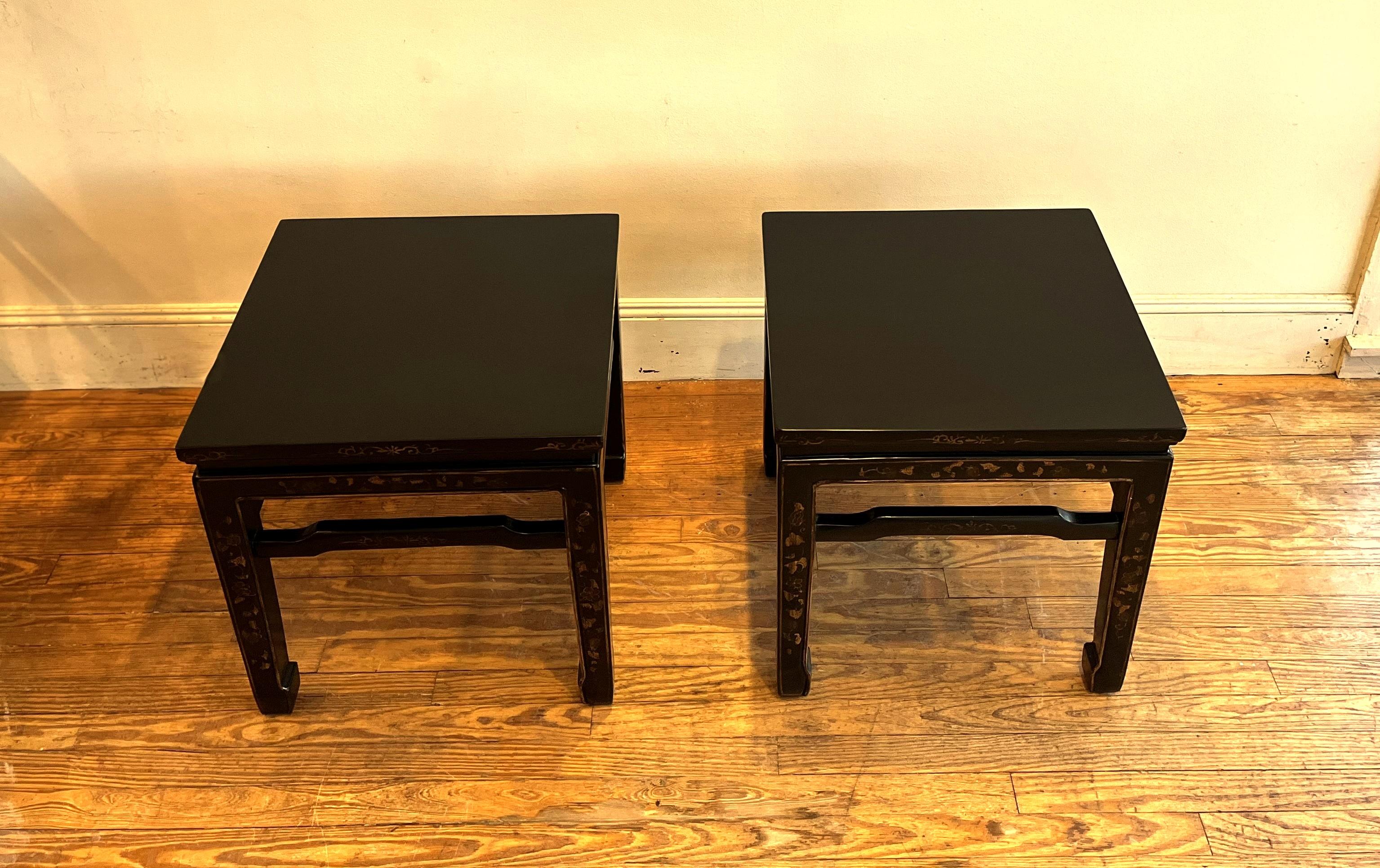 Pair of Fine Black Lacquer End Tables with Gilt Motif For Sale 3