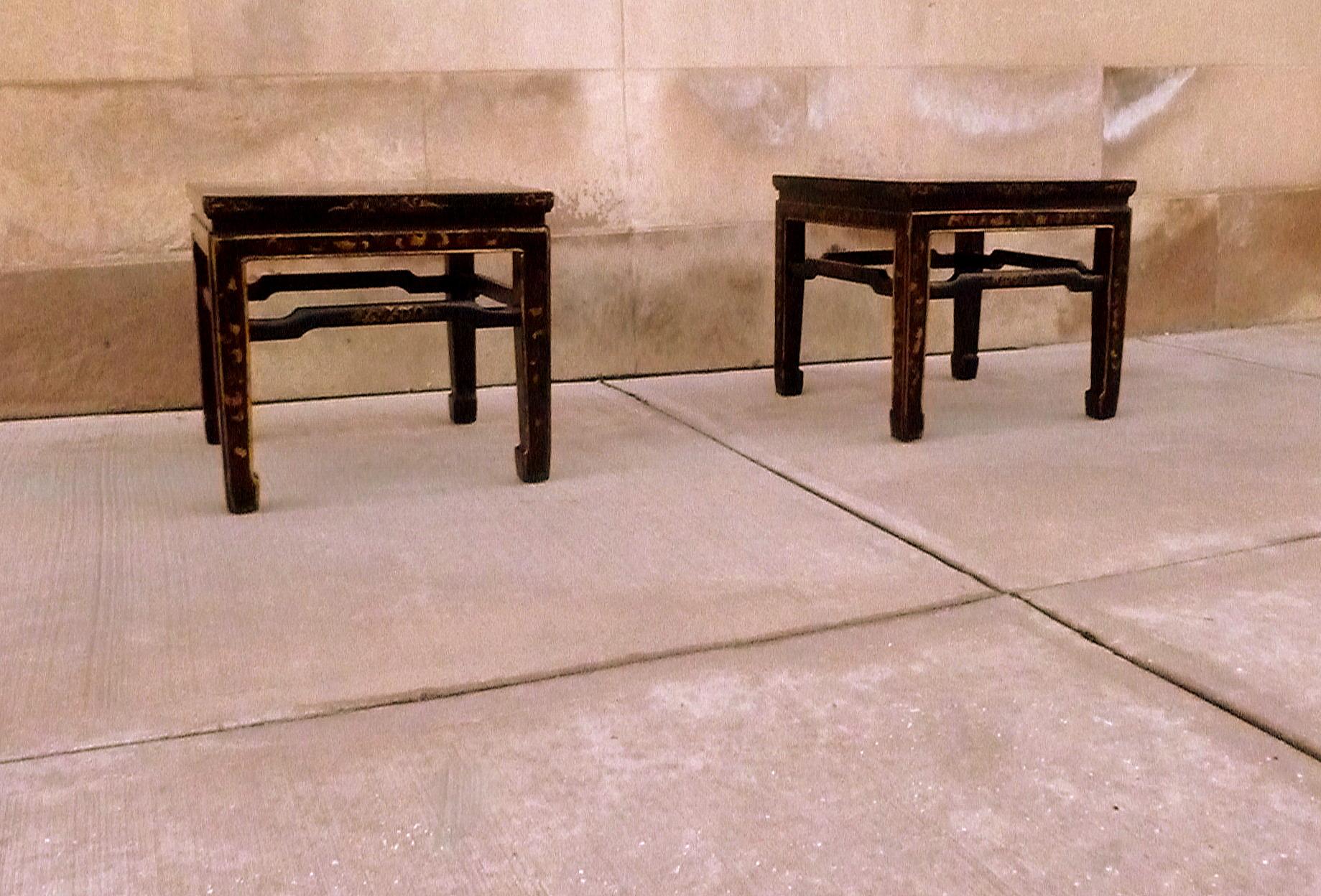  Pair of Fine Black Lacquer End Tables with Gilt Motif For Sale 4