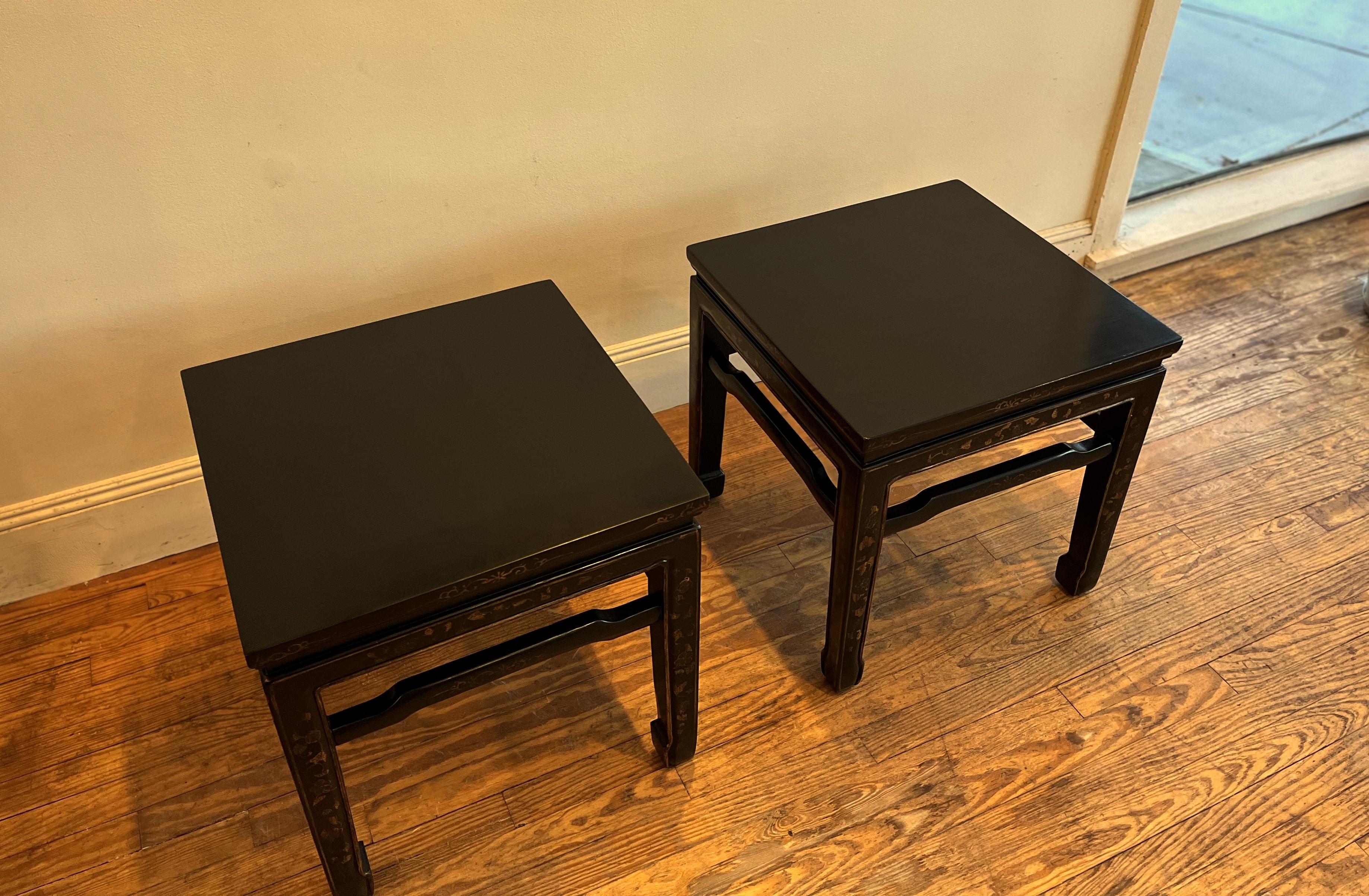 Pair of Fine Black Lacquer End Tables with Gilt Motif For Sale 4