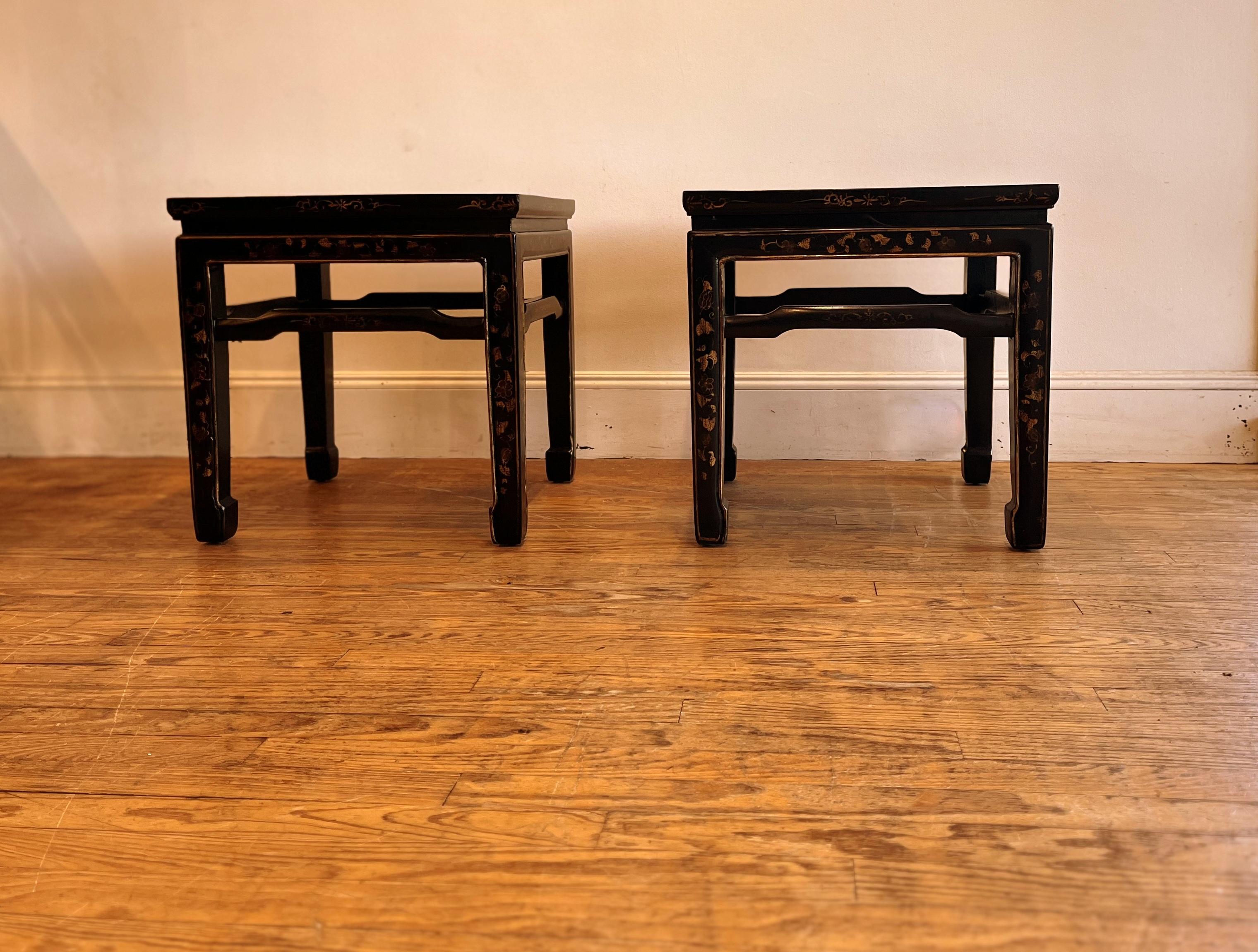 Ming Pair of Fine Black Lacquer End Tables with Gilt Motif For Sale