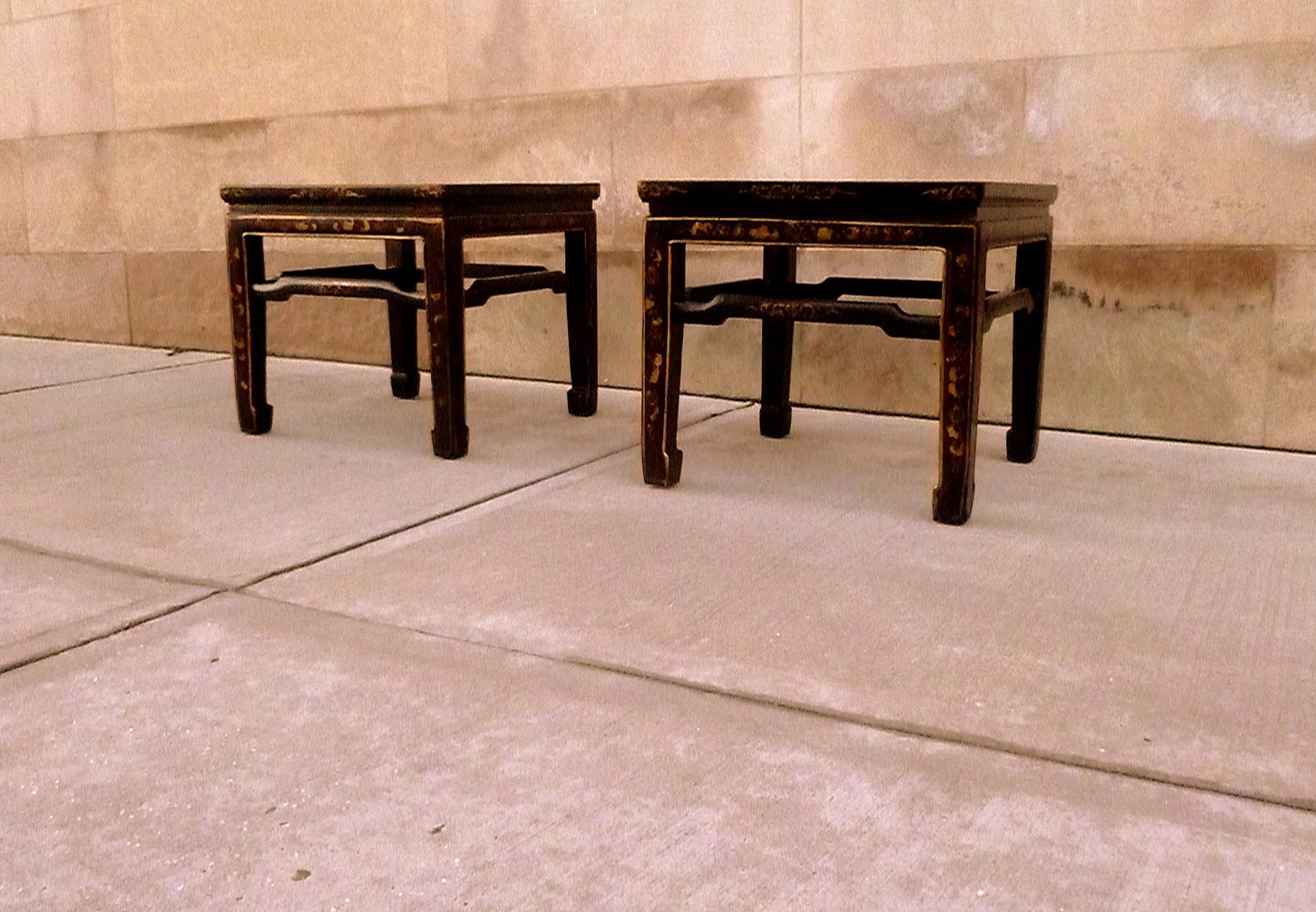 Polished  Pair of Fine Black Lacquer End Tables with Gilt Motif For Sale