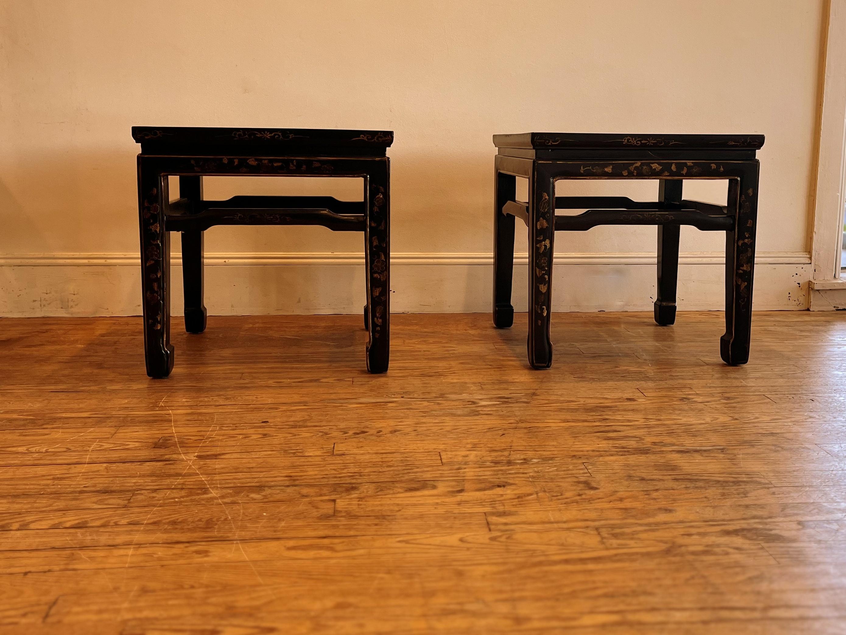 Polished Pair of Fine Black Lacquer End Tables with Gilt Motif For Sale