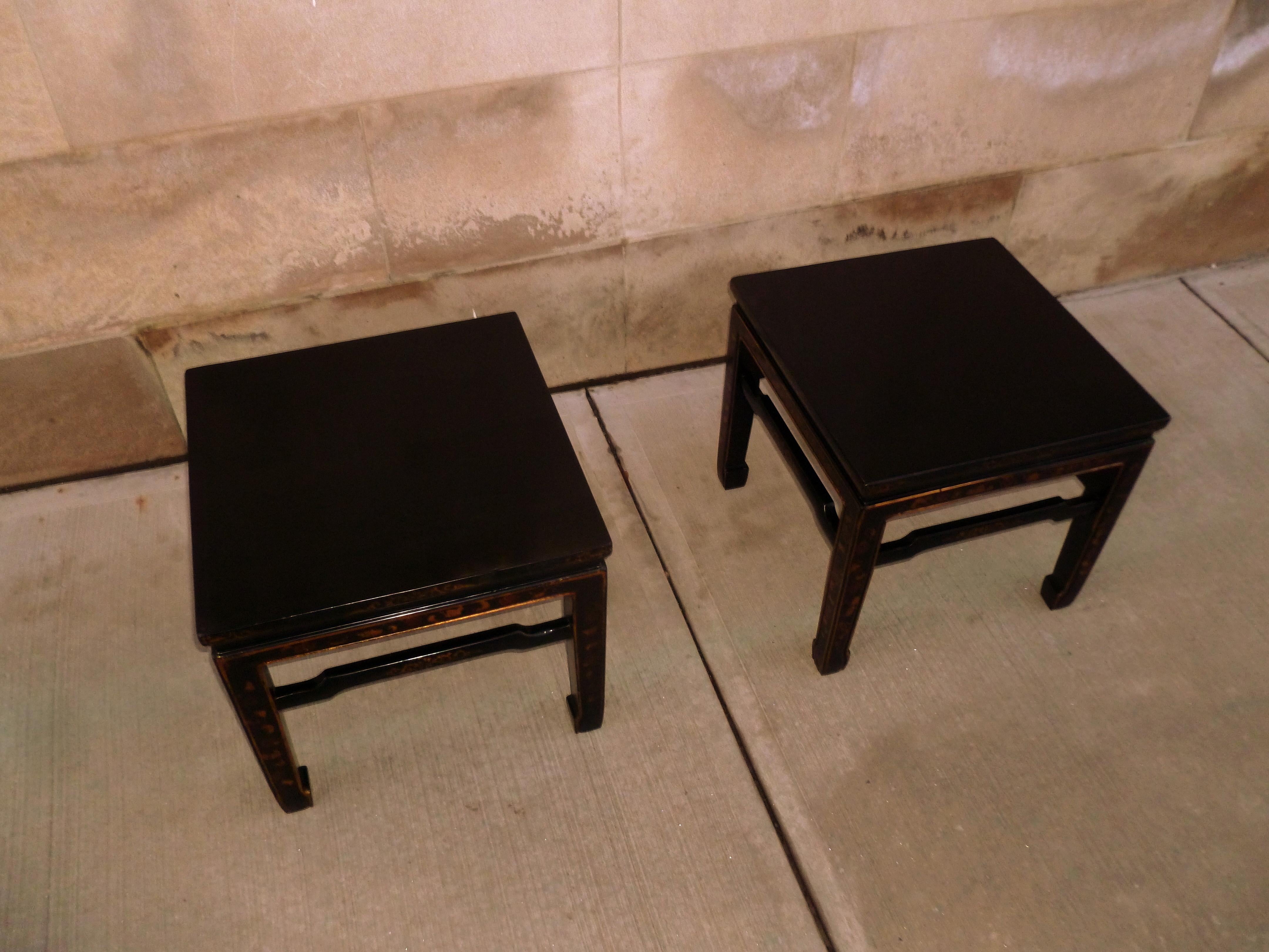 20th Century  Pair of Fine Black Lacquer End Tables with Gilt Motif For Sale