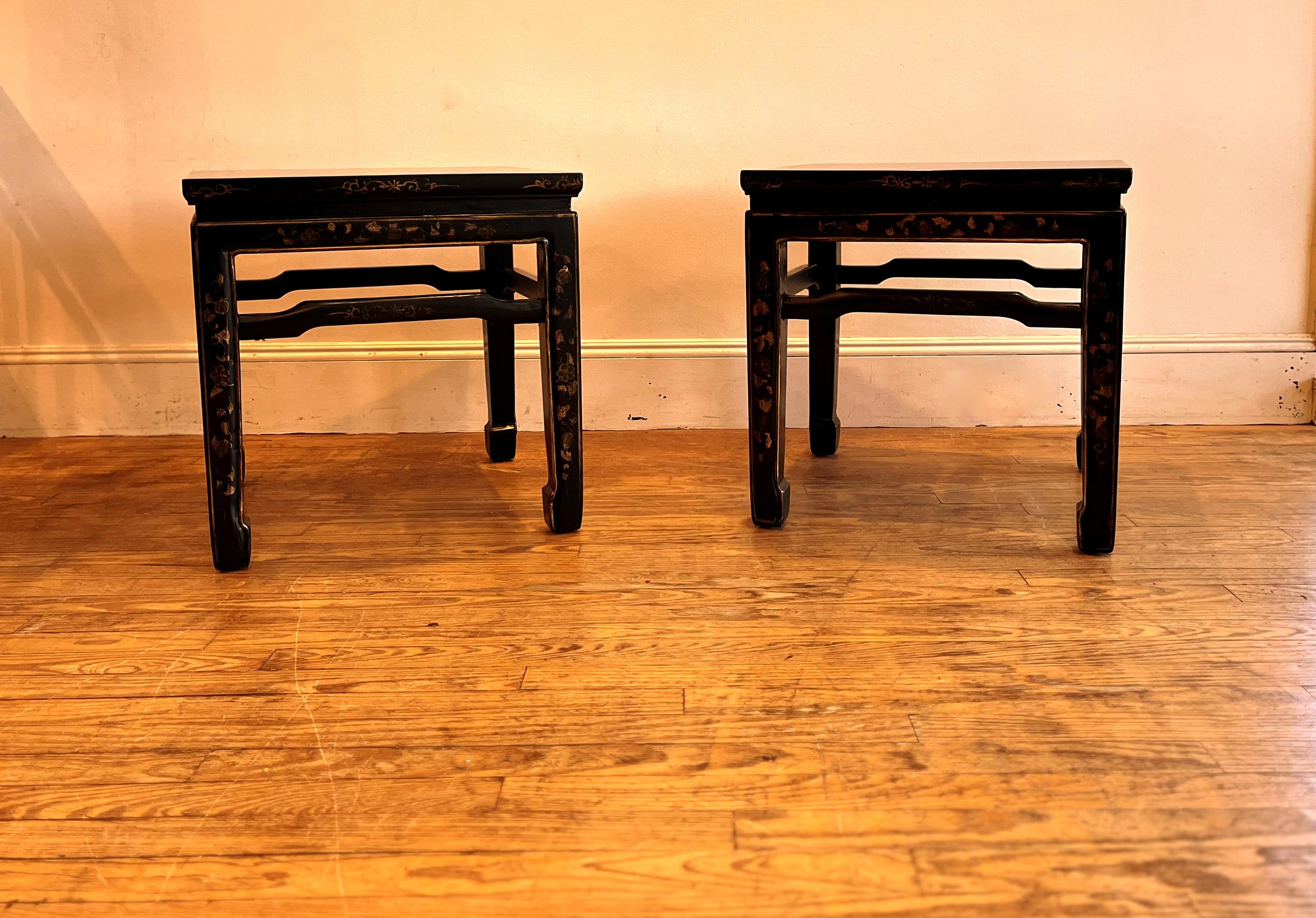 Pair of Fine Black Lacquer End Tables with Gilt Motif For Sale 2