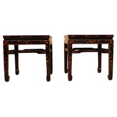 Pair of Fine Black Lacquer End Tables with Gilt Motif