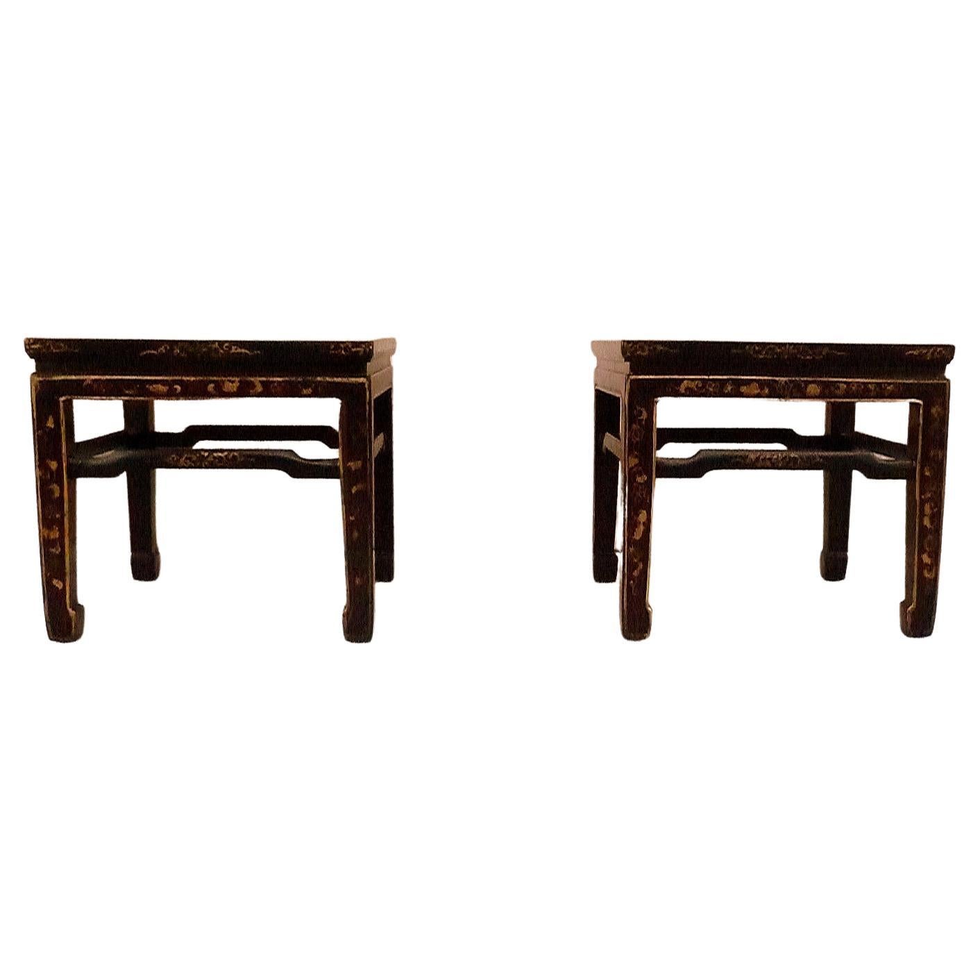  Pair of Fine Black Lacquer End Tables with Gilt Motif For Sale