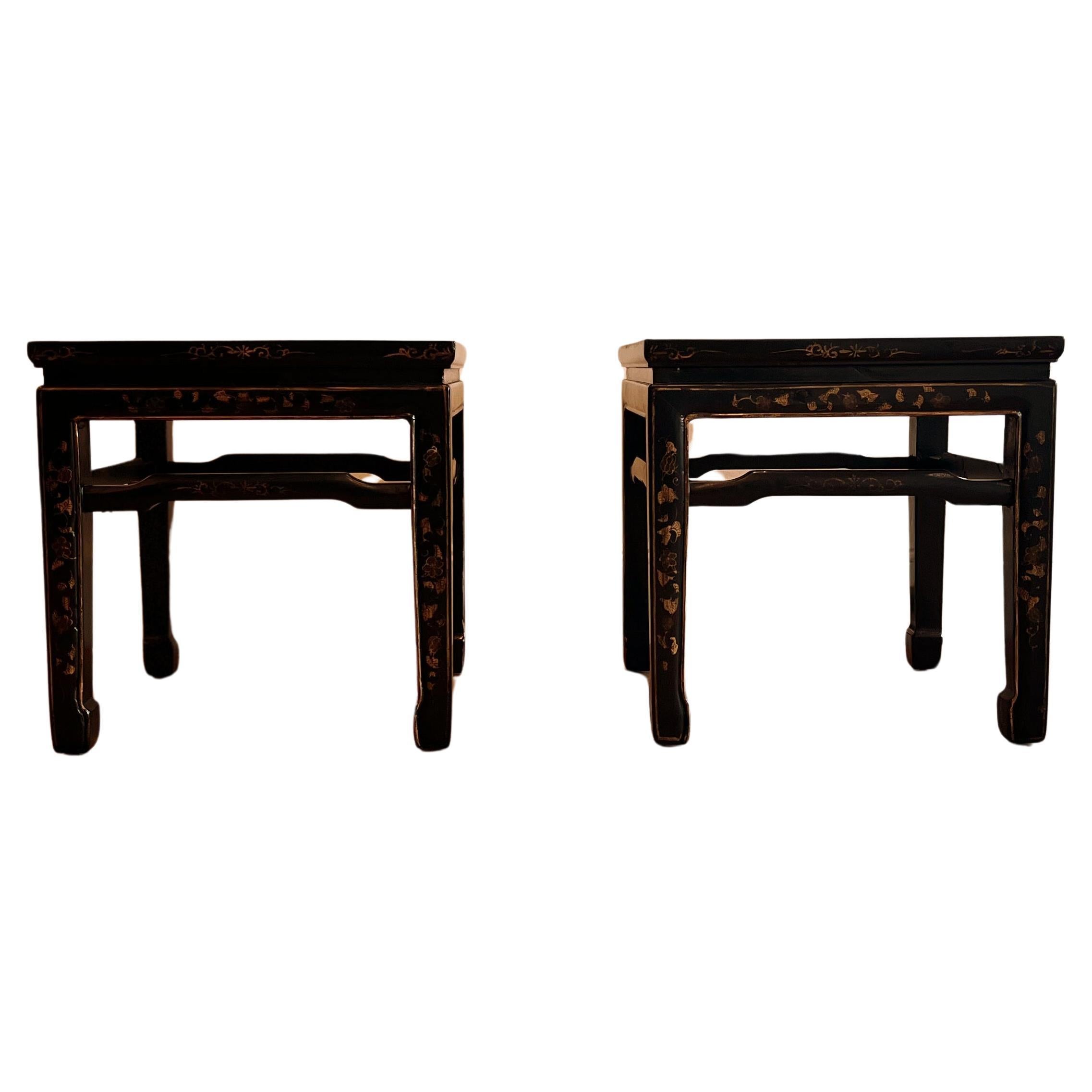 Pair of Fine Black Lacquer End Tables with Gilt Motif For Sale