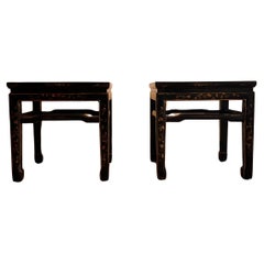 Pair of Fine Black Lacquer End Tables with Gilt Motif