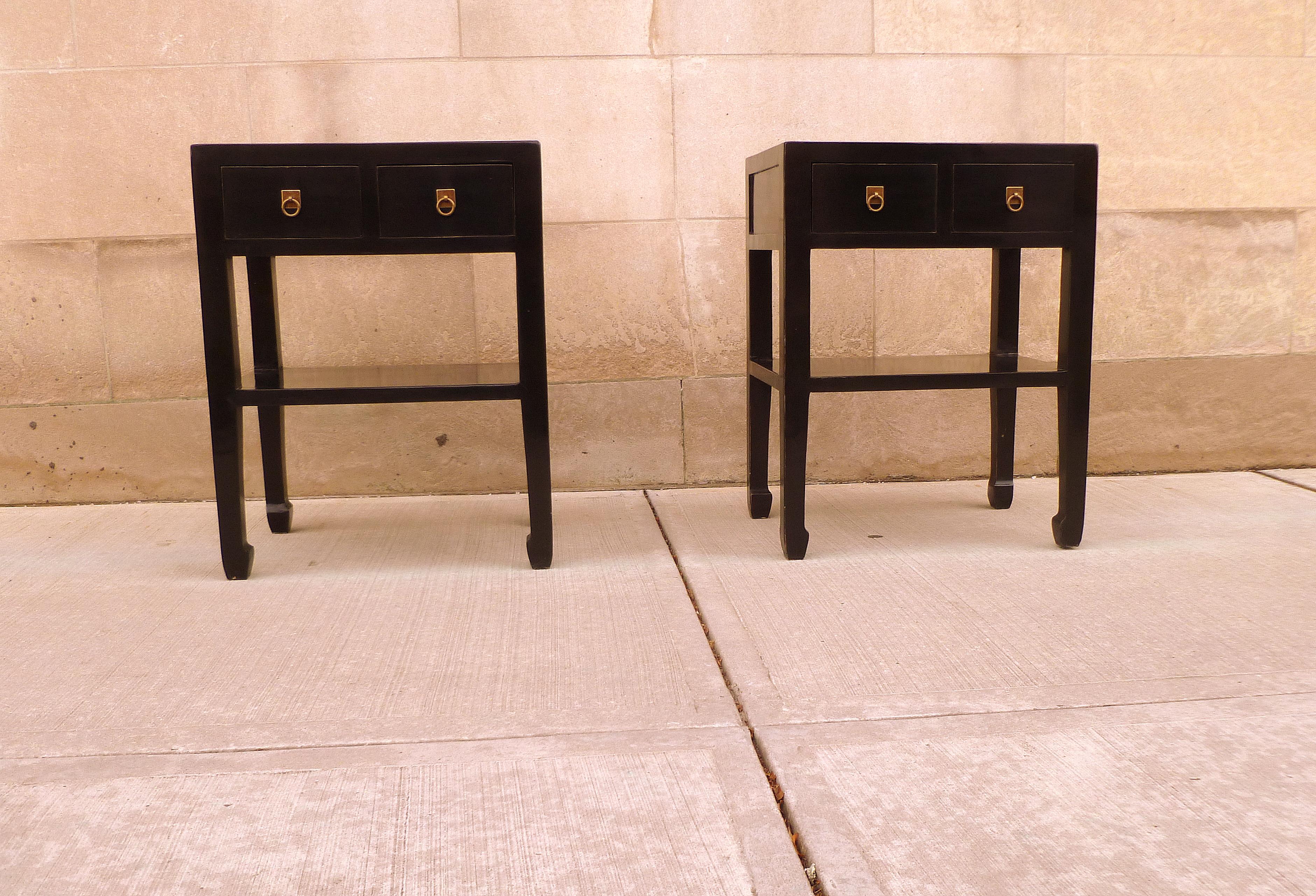 Polished Pair of Fine Black Lacquer Tables with Drawers