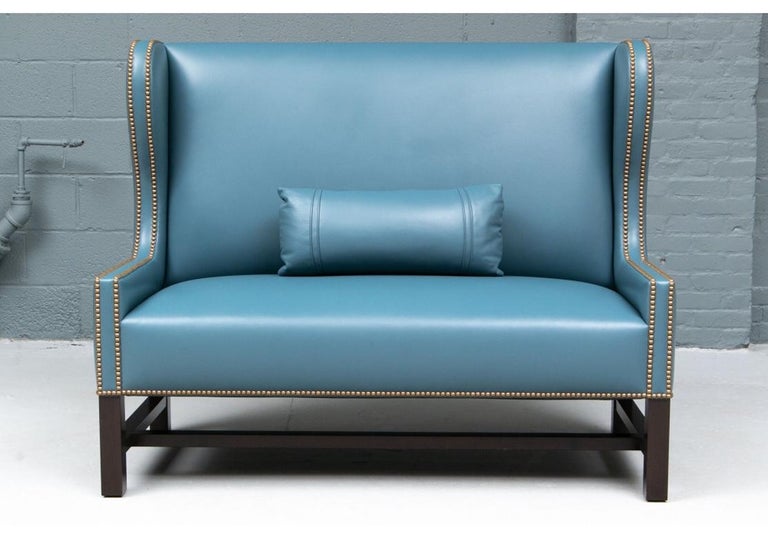 Pair of Fine Blue Faux Leather Loveseats For Sale at 1stDibs