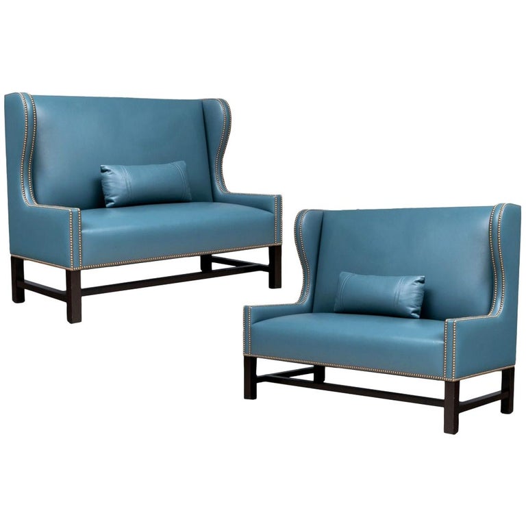 Pair of Fine Blue Faux Leather Loveseats For Sale at 1stDibs