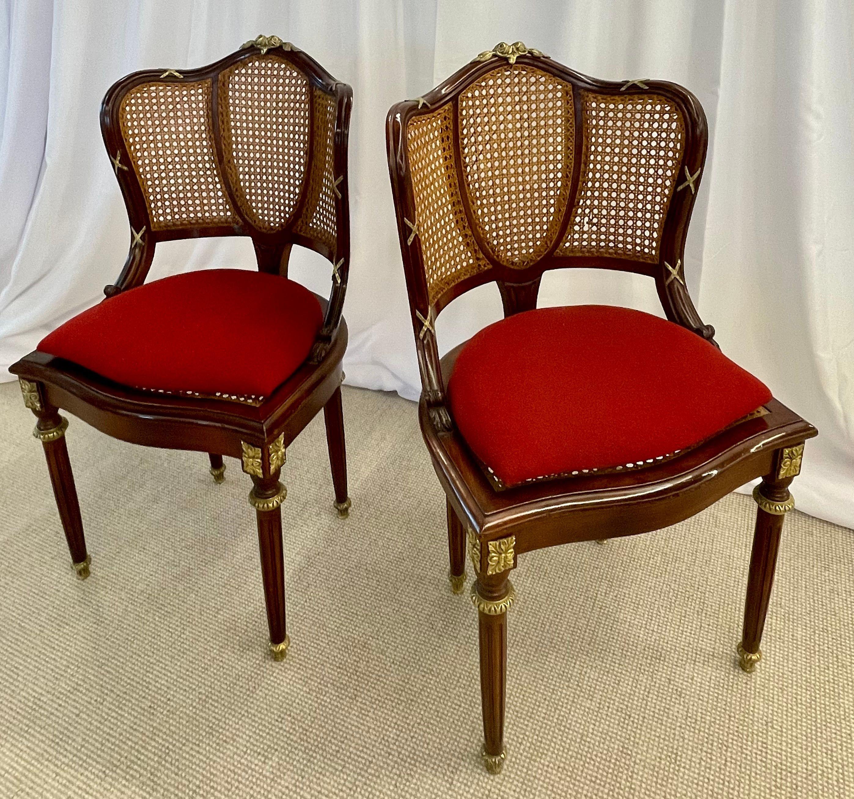 French Pair of Fine Bronze-Mounted Louis XVI Style Dining Chairs Manner of Jansen