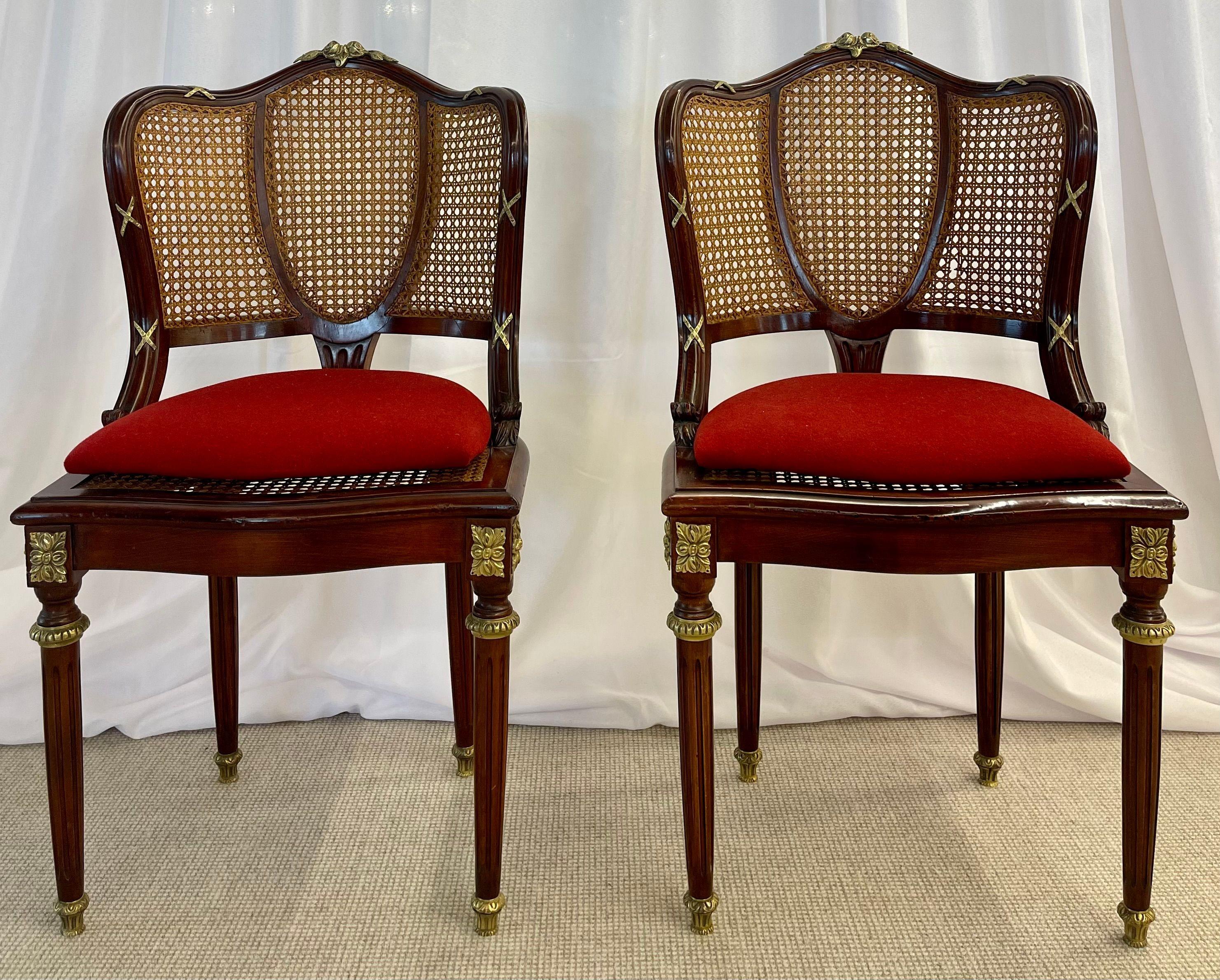 Pair of Fine Bronze-Mounted Louis XVI Style Dining Chairs Manner of Jansen In Good Condition In Stamford, CT