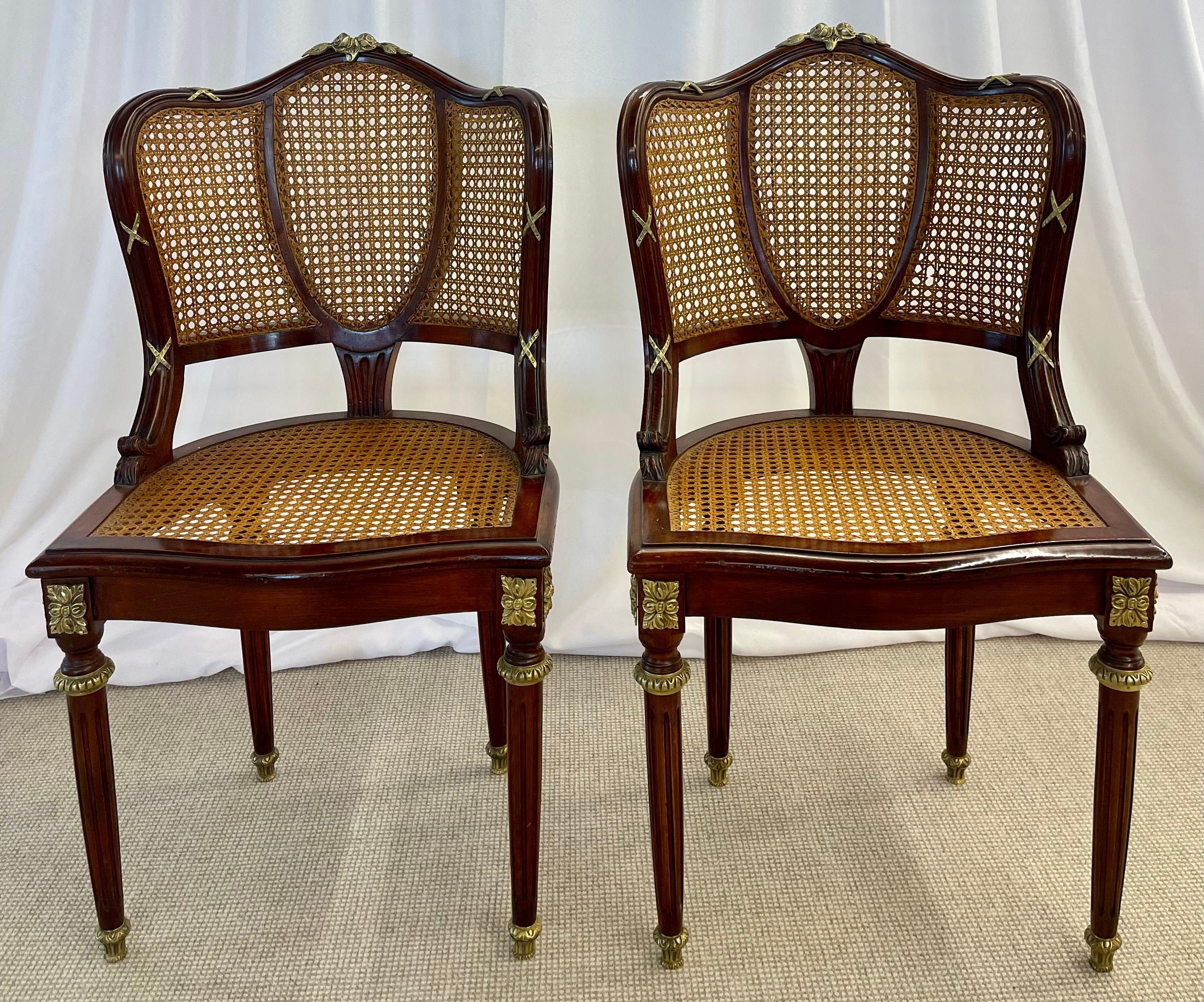Early 20th Century Pair of Fine Bronze-Mounted Louis XVI Style Dining Chairs Manner of Jansen