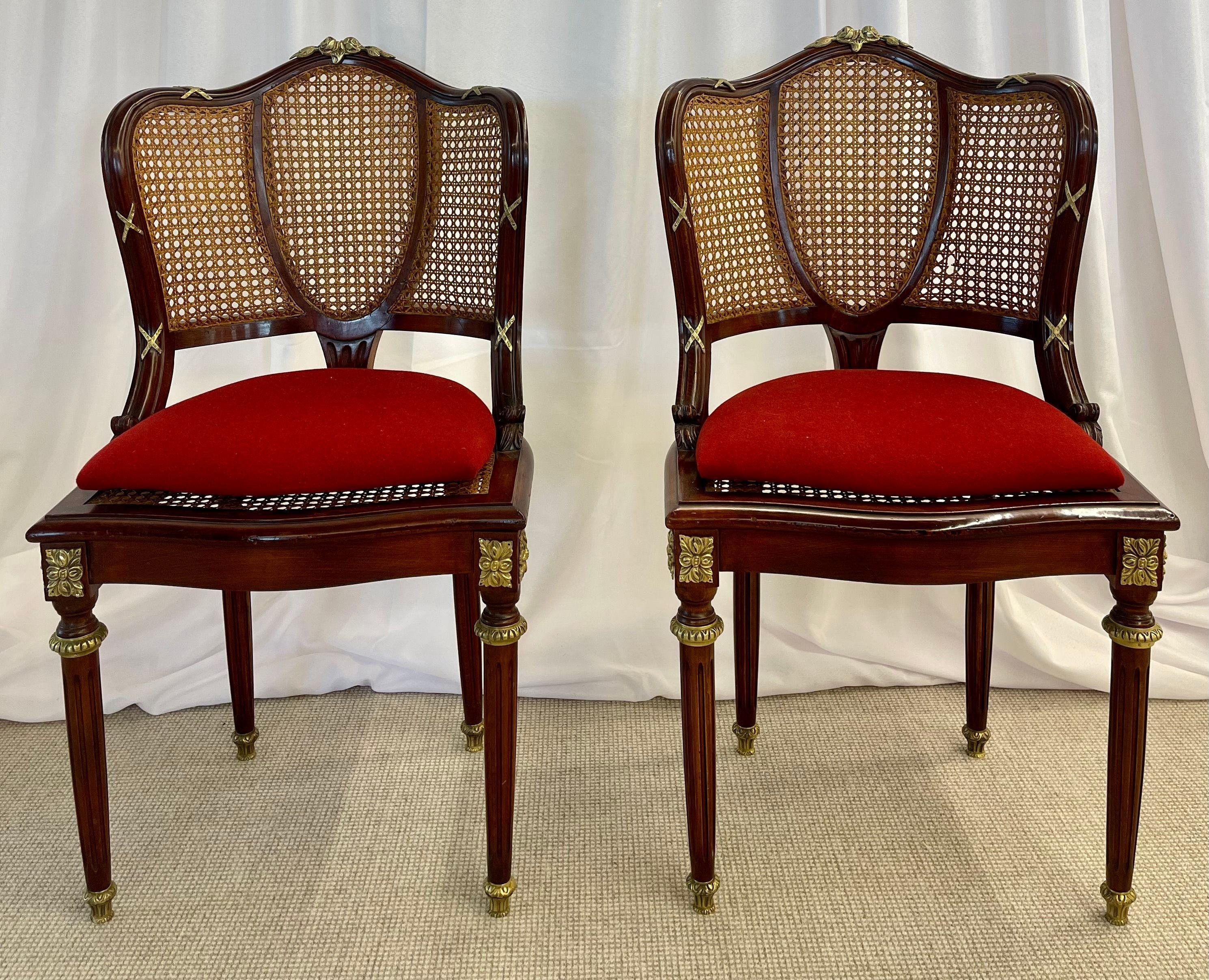 Pair of Fine Bronze-Mounted Louis XVI Style Dining Chairs Manner of Jansen 1