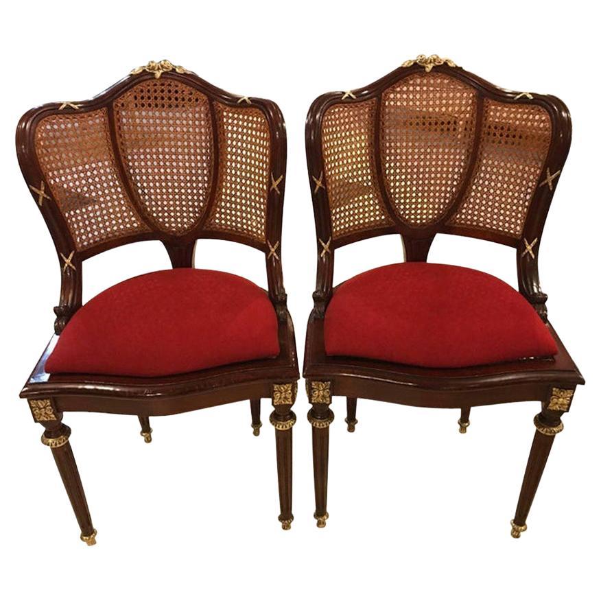 Pair of Fine Bronze-Mounted Louis XVI Style Dining Chairs Manner of Jansen