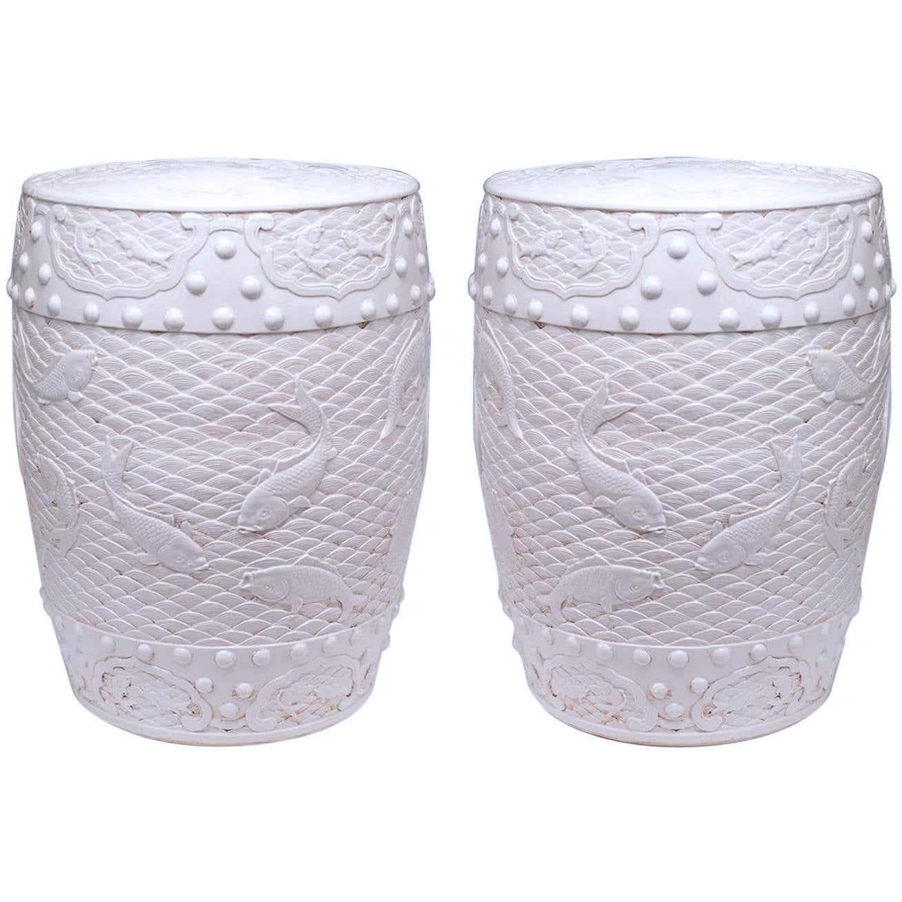 Pair of Fine Carved Blanc-de-chine Porcelain Stools For Sale 2